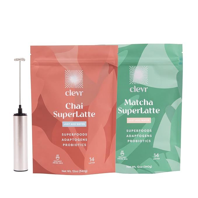 Clevr SuperLatte Starter Kit – Chai & Matcha SuperLattes with Included Frother, Latte Powder Mi... | Amazon (US)