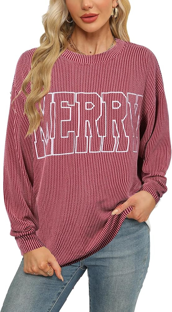 Women Merry Shirt Christmas Long Sleeve Shirt Merry Letter Print Pullover Holiday Sweatshirt Xmas... | Amazon (US)