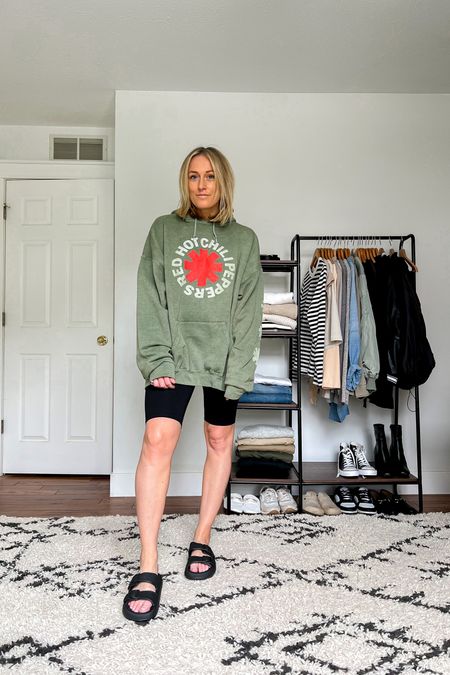Spring outfit. Spring outfits. Casual outfit. Casual outfits. Oversized sweatshirt. Oversized hoodie. Graphic tee. Graphic sweatshirt. Graphic hoodie. Bike shorts. Black platform sandals. 

Sizing
Hoodie is a L/XL.
Sandals fit TTS.

#LTKunder50 #LTKstyletip #LTKunder100