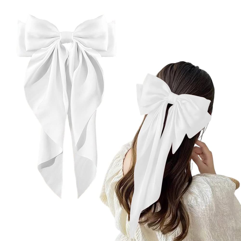 Large Hair Bow Clips for Women Girls Silky Satin Hair Barrettes with Long Ribbon Tail White Hair ... | Amazon (US)