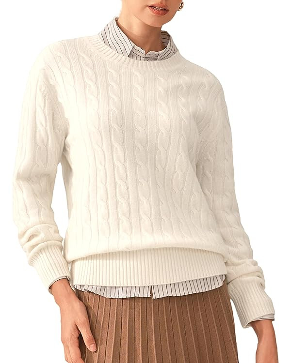 KVSS 100% Pure Cashmere Sweaters for Women Crewneck Cable-Knit Long Sleeve Pullover Sweater | Lux... | Amazon (US)