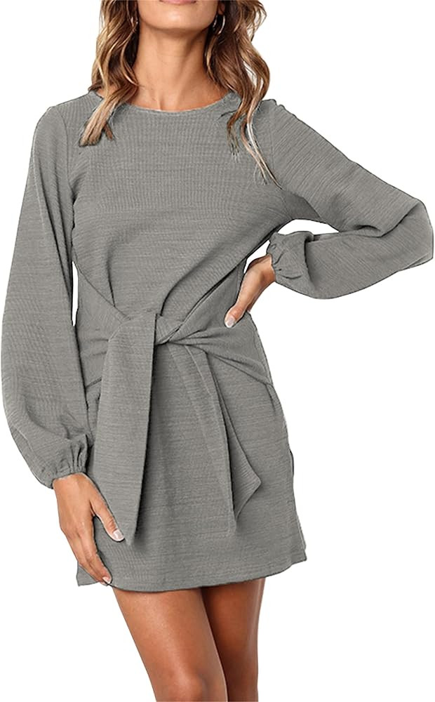 PRETTYGARDEN Women's Elegant Long Lantern Sleeve Short Dress Crewneck Tie Waist Knit Cocktail Dre... | Amazon (US)