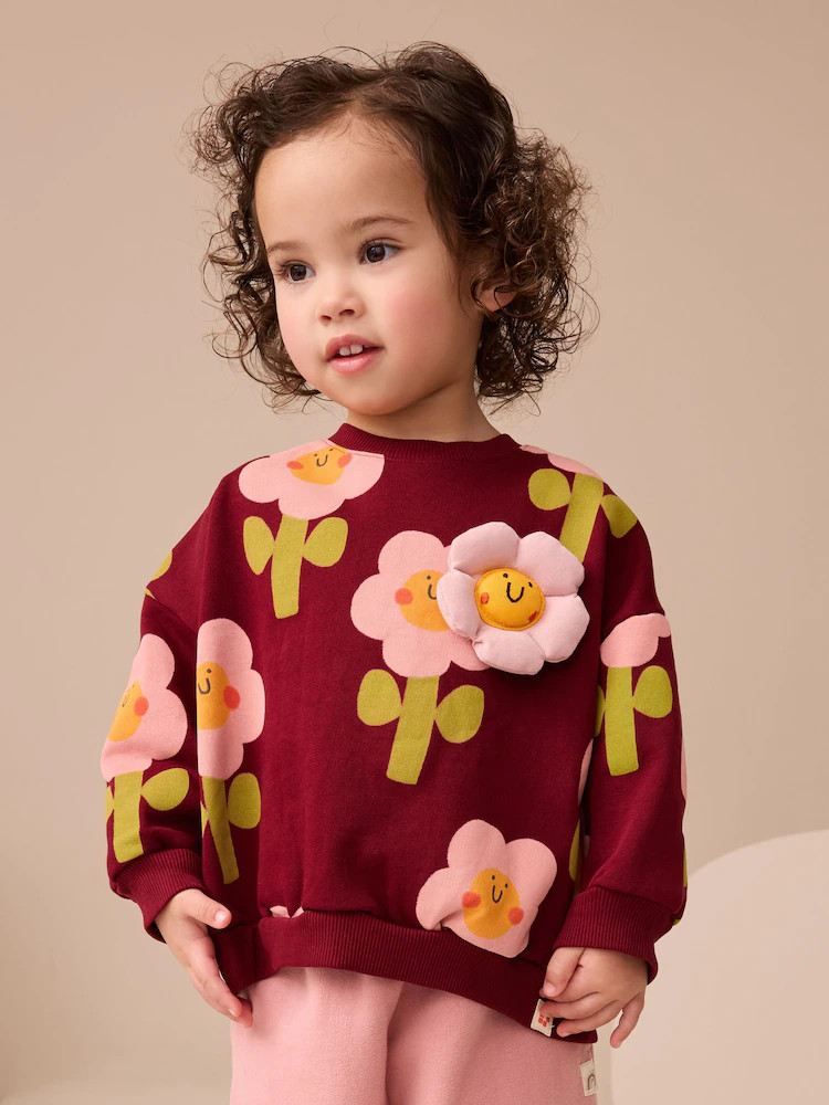 Burgundy Red Smiley Flower Print Crew Neck Sweatshirt (3mths-7yrs) | Next US