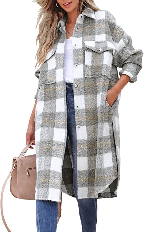 ANRABESS Women's Plaid Button Down Shackets Fannel Long Sleeve Lapel Collar Oversized Slit Long J... | Amazon (US)