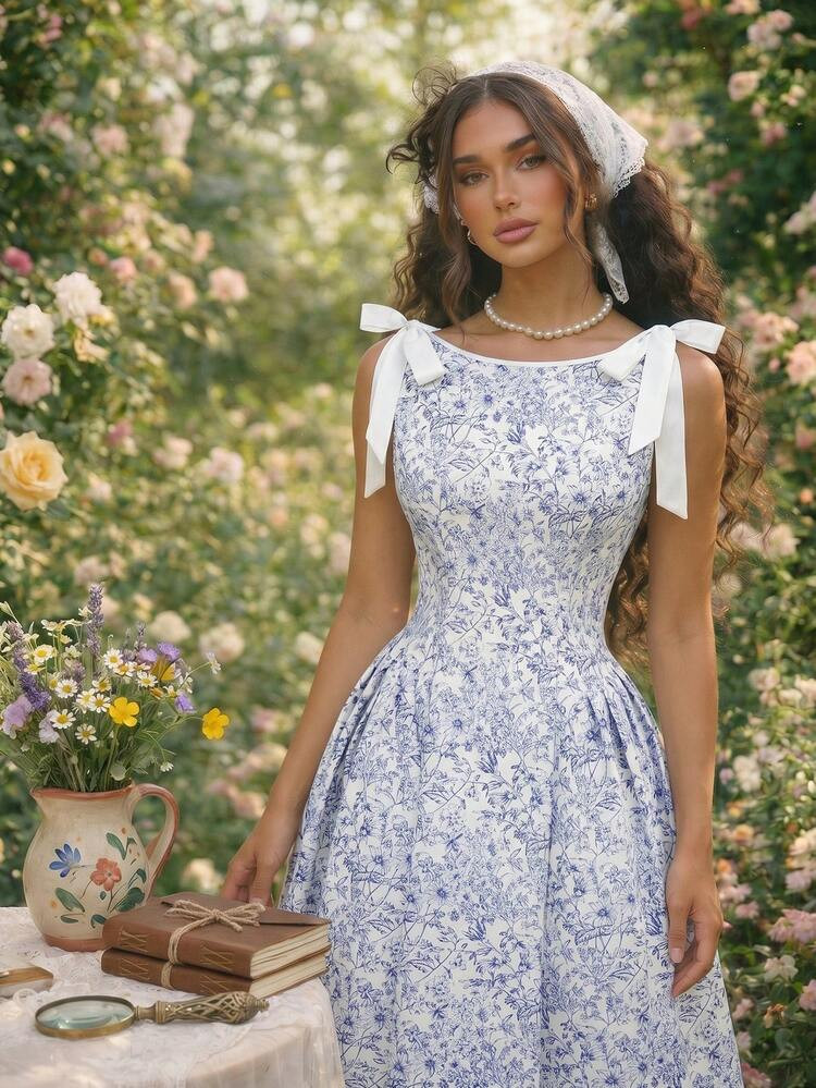 Skyraze White And Blue Floral Summer Elegant Garden Party Dress,Sleeveless Round Neck Contrast Trim Bow Decor Gathered Waist Flowing Skirt Vintage Inspired | SHEIN