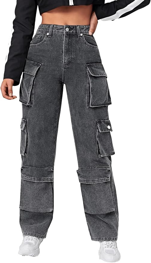SweatyRocks Women's Casual High Waist Flap Pockets Cargo Jeans Baggy Straight Leg Denim Pants | Amazon (US)