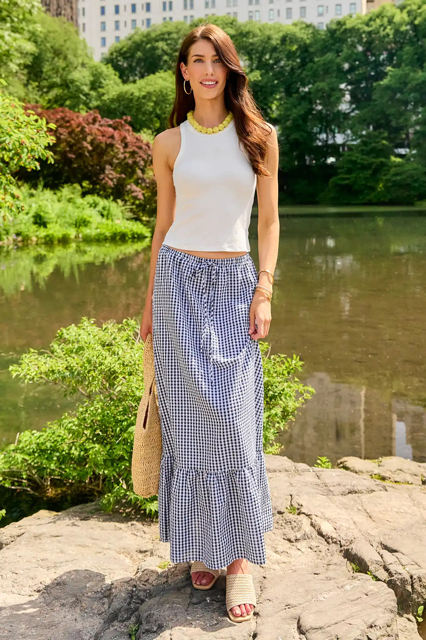 Navy Gingham Ruffle Maxi Skirt | Avara
