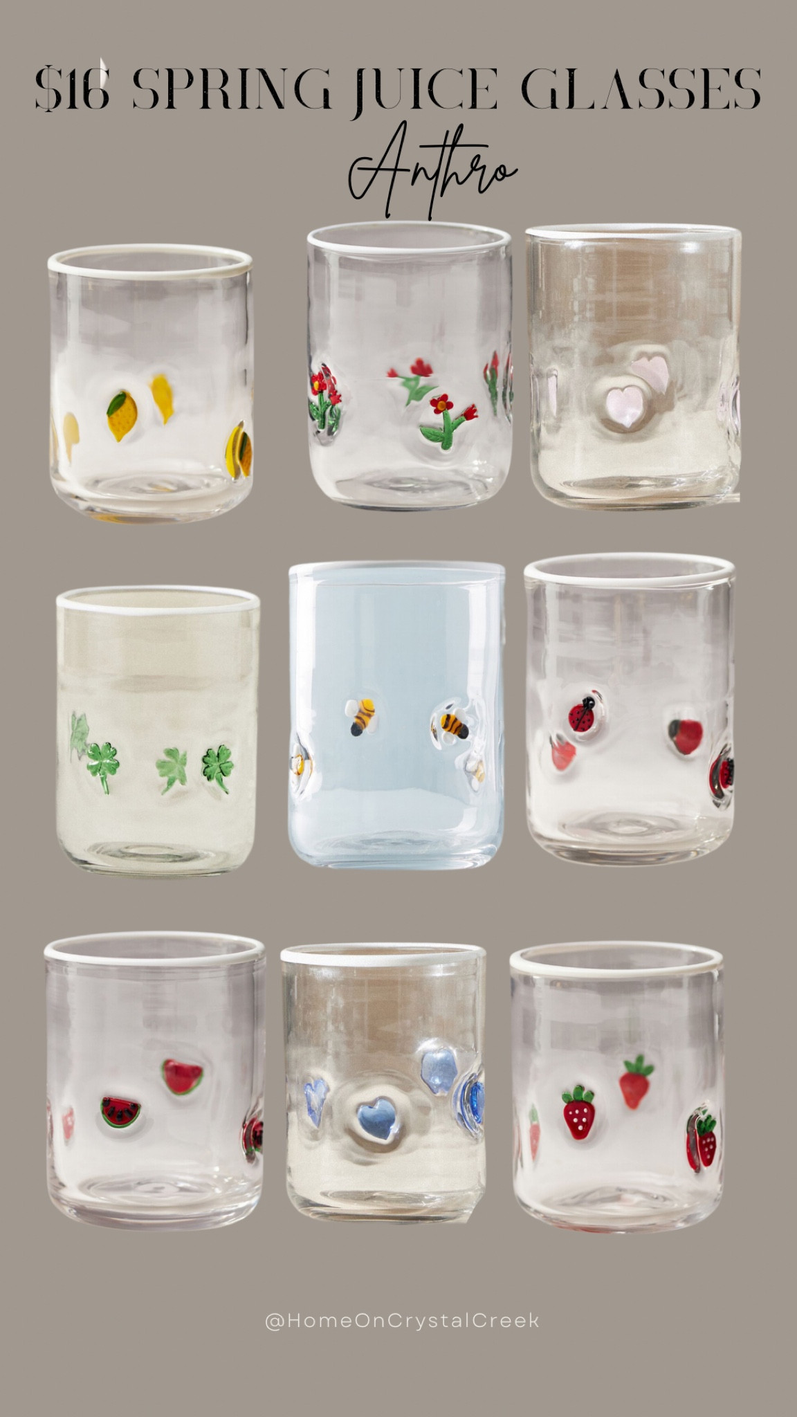 Start your collection with one of these beautiful spring themed juice glasses from Anthropologie 😉 they have one for every season! Mix & match to build the perfect juice glass collection 🤍🤍 snag your favorite before they sale out!

Shop the link below 👇🏻 

#spring #springdecor #kitchen #drinkware

#LTKhome #LTKfindsunder50 #LTKSeasonal