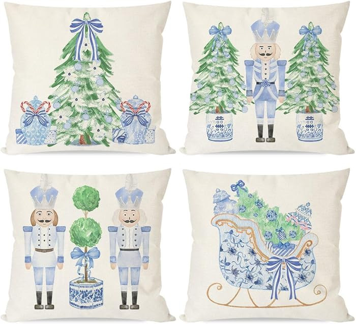 PANDICORN Christmas Blue and White Throw Pillow Covers, 18x18 Inch, Set of 4 | Amazon (US)