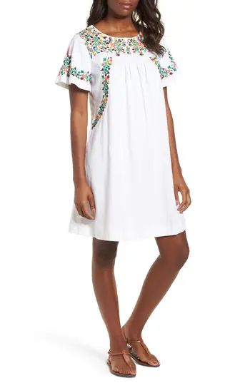 Petite Women's Caslon Embroidered Cotton Shift Dress, Size XX-Small P - White | Nordstrom