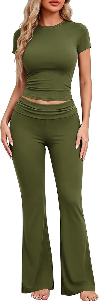 Ekouaer Womens Pajama Set Short Sleeve Crop Top Foldover Flare Pants | Amazon (US)