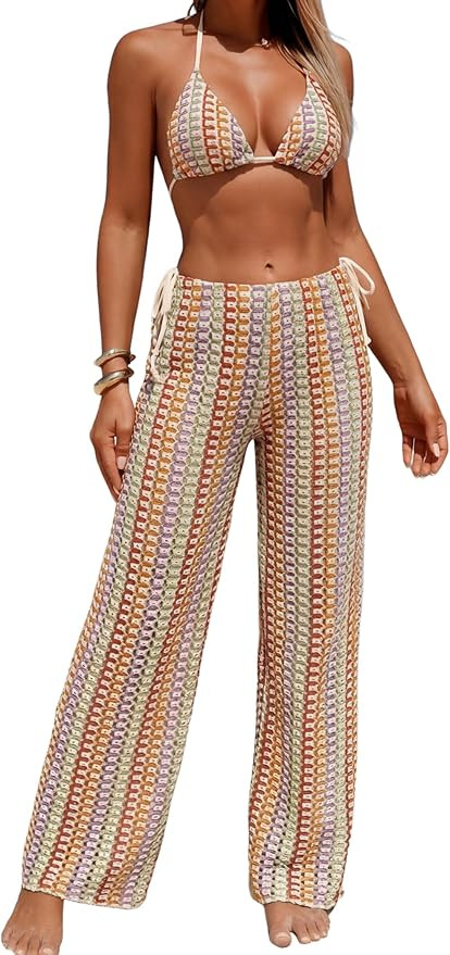 ZAFUL Women's Halter Bikini Sets V Neck Textured Triangle String High Cut Tie Side 3 Piece Swimsu... | Amazon (US)
