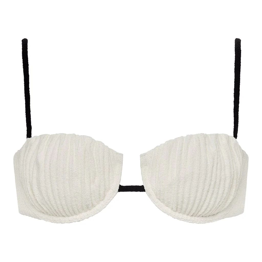 Cream (Black Binded) Terry Rib Petal Bikini Top | Montce