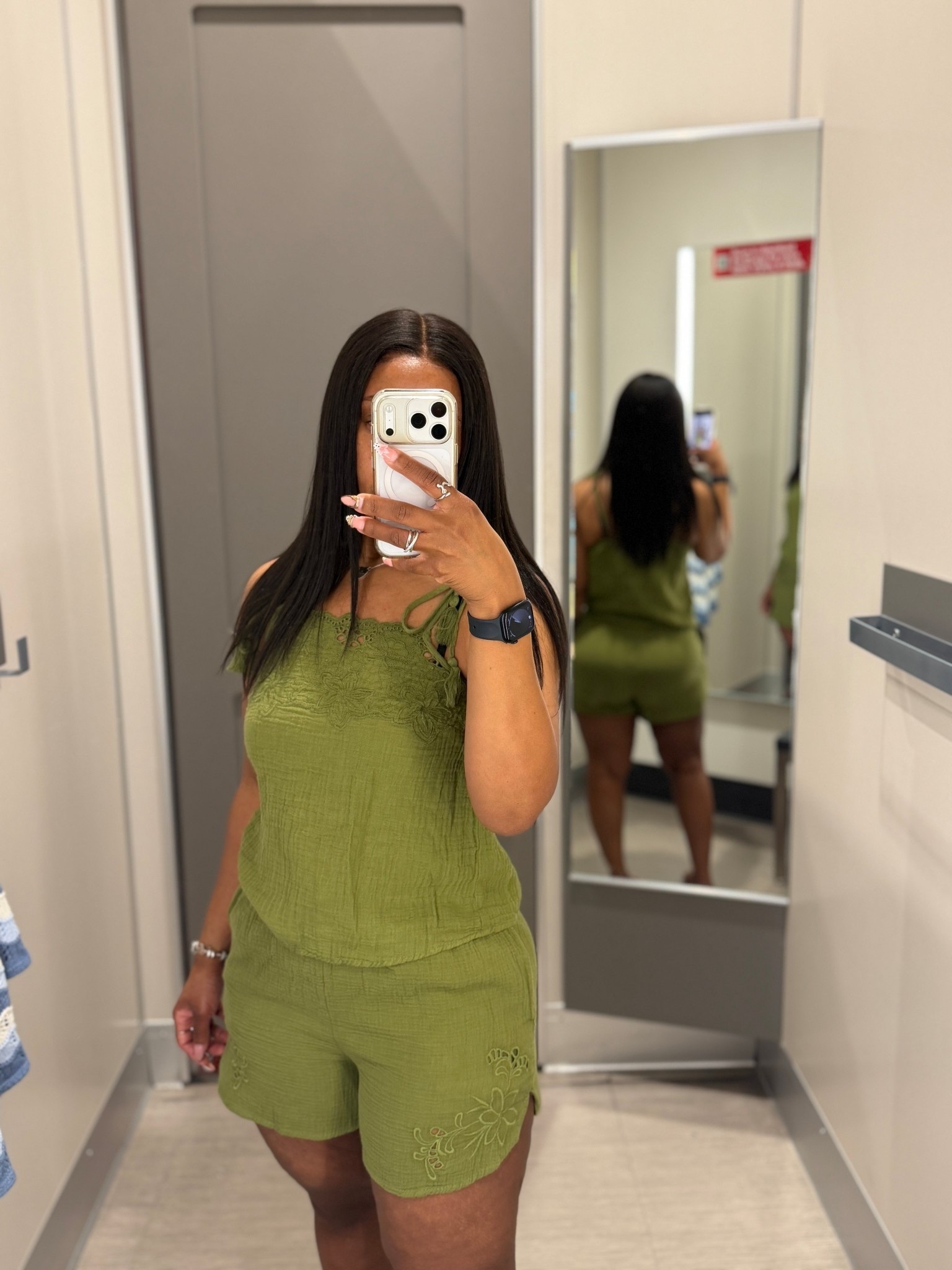 Wearing a size XS in the top, it does tie at the shoulder and has a looser fit. Wearing a size small in the shorts, love the embroidery detail. The colors is perfect for spring and comes in a different color option 

#LTKU #LTKSeasonal #LTKPetite