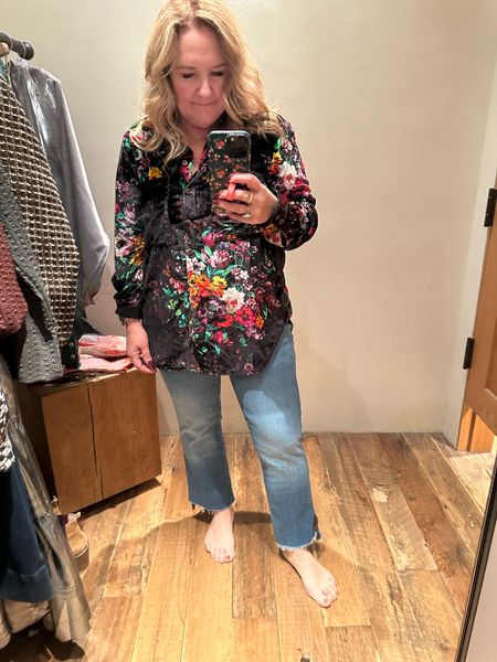 Anthropologie sale 30% off. The velvet. Hutton down is so good. It’s a bit oversized. Wearing a large. 

Jeans are mother denim. I have too to a 33 in them  

#LTKCyberWeek #LTKmidsize #LTKover40