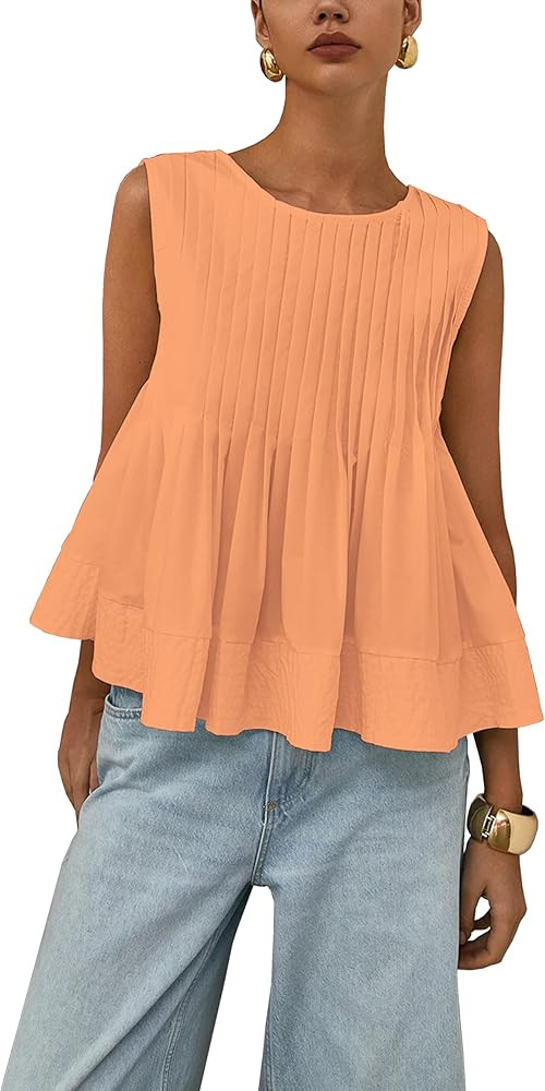 Women's Summer Babydoll Ruffle Tank Tops Pleated Peplum Sleeveless Blouse Round Neck Y2K Shirt | Amazon (US)