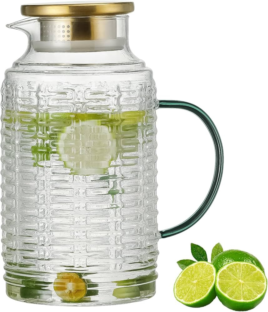 Glass Pitcher with Lid, 68 oz/2 Liter Vintage Water Pitcher, Clear Borosilicate Glass Water Caraf... | Amazon (US)
