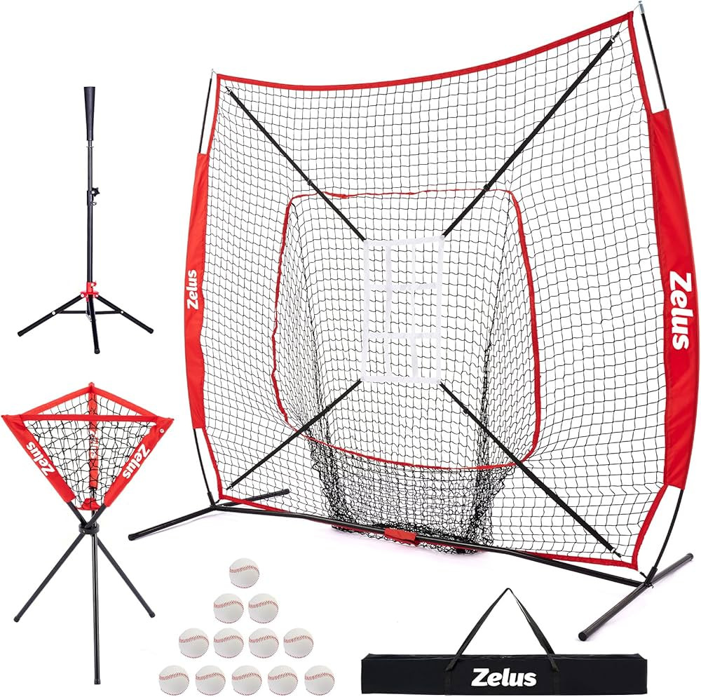 ZELUS Baseball net and tee, 5x5ft/ 7x7ft Baseball Net for Hitting and Pitching, Portable Indoor Outdoor Batting Practice Net with Carry Bag Ball Caddy & Baseballs | Amazon (US)