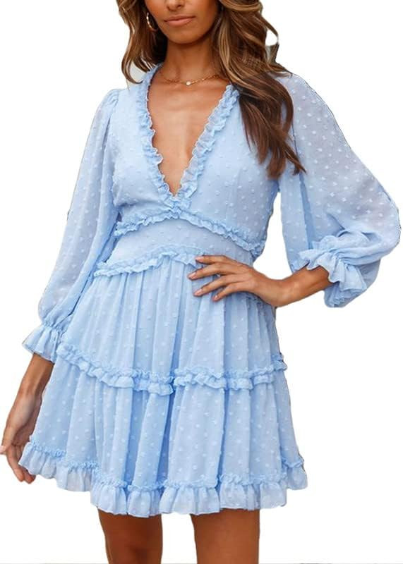 Dokotoo Womens 2023 Spring Summer Deep V Neck Ruffle Long Sleeve Floral Print Mini Dress | Amazon (US)