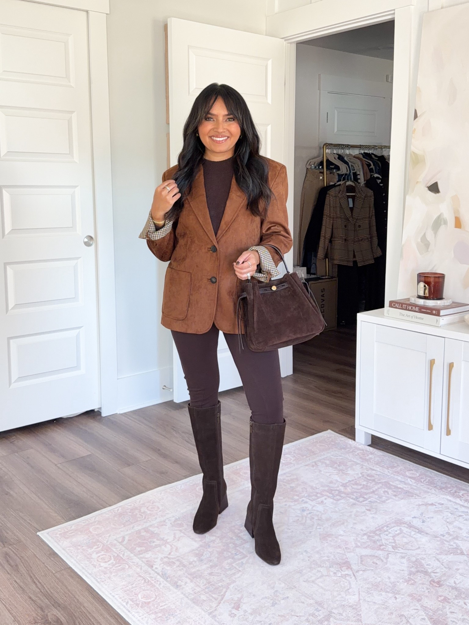 Suede blazer size xxs TTS - use code RACHEL15
Brown cocoa berry sweater size xxs TTS
Brown iced espresso legging pants size 2 petite TTS
Chocolate brown knee high waterproof boots size 6 TTS

#LTKSaleAlert #LTKPetite #LTKStyleTip