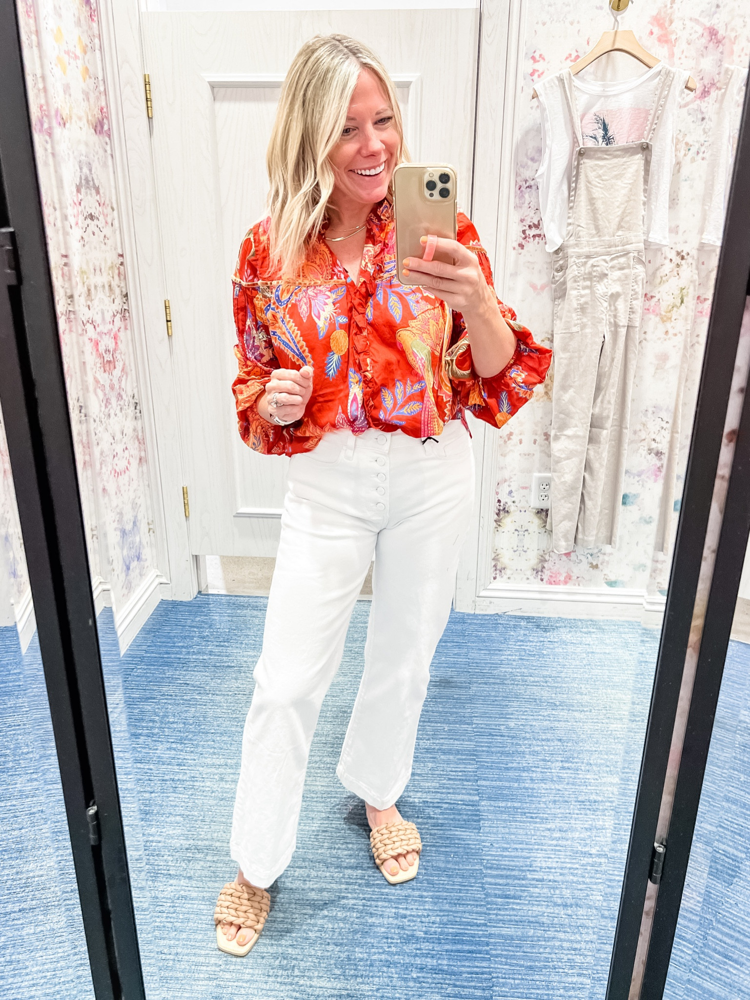 Love this tropical red top with white jeans and sandals. XS top and 26 jeans. Sandals run tts evereve white pants summer outfit ideas 

#LTKSeasonal #LTKshoecrush #LTKstyletip