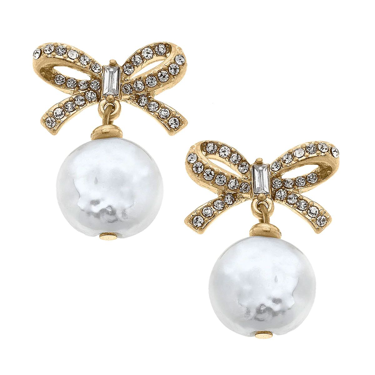 Addison Pavé Bow & Pearl Drop Earrings in Worn Gold | CANVAS