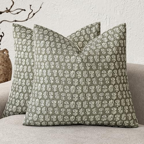 Foindtower Set of 2 Decorative Vintage Floral Print Throw Pillow Covers Neutral Modern Farmhouse Cushion Covers Boho Home Decor for Sofa Chair Couch Bedroom Living Room,18×18 Inch,Sage Green | Amazon (US)