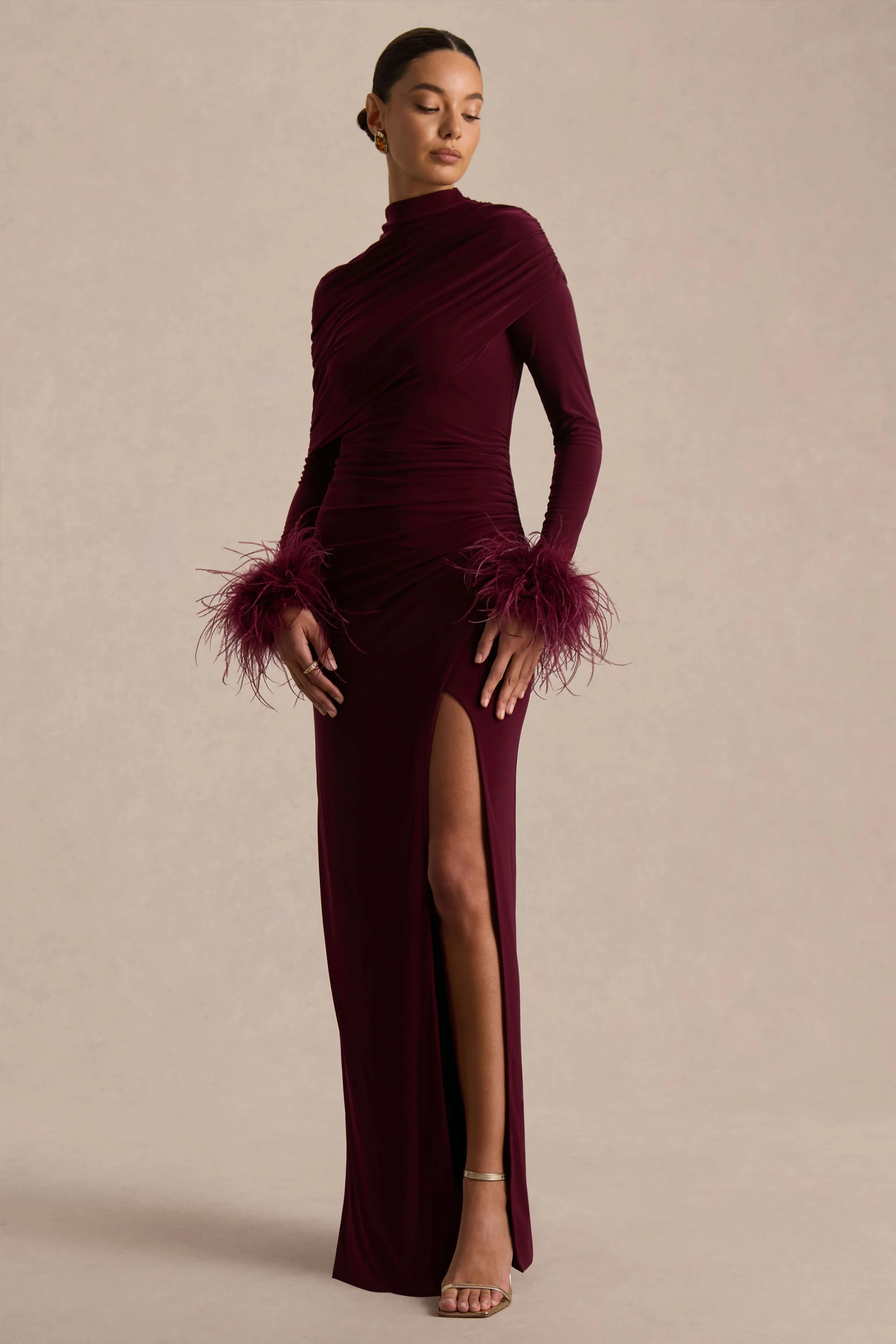 Gatsby | Burgundy High-Neck Maxi Dress With Feather Trim Cuffs | Club L London