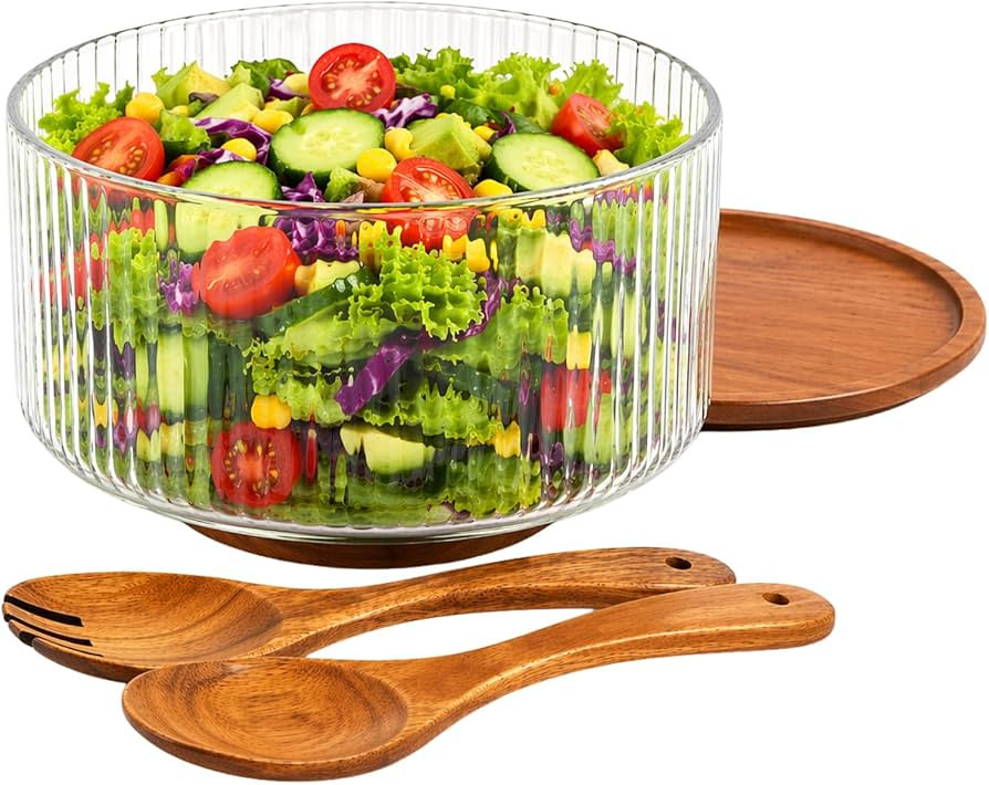 Large Glass Salad Bowl with Wood Lid + Base + Servers as Charcuterie Board Cheese Plate Oversized... | Amazon (UK)