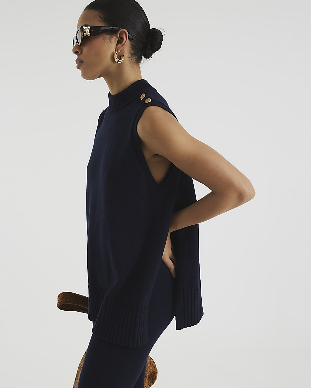 Navy Side Slit Knitted Tank Top | River Island UK & IE