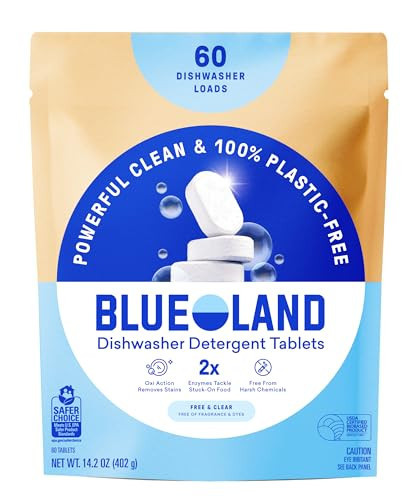 BLUELAND 100% Plastic-Free Dishwasher Detergent Tablets, 60 Count, Free & Clear, Eco-Friendly Dishwashing Pods, Natural, USDA Certified biobased | Amazon (US)