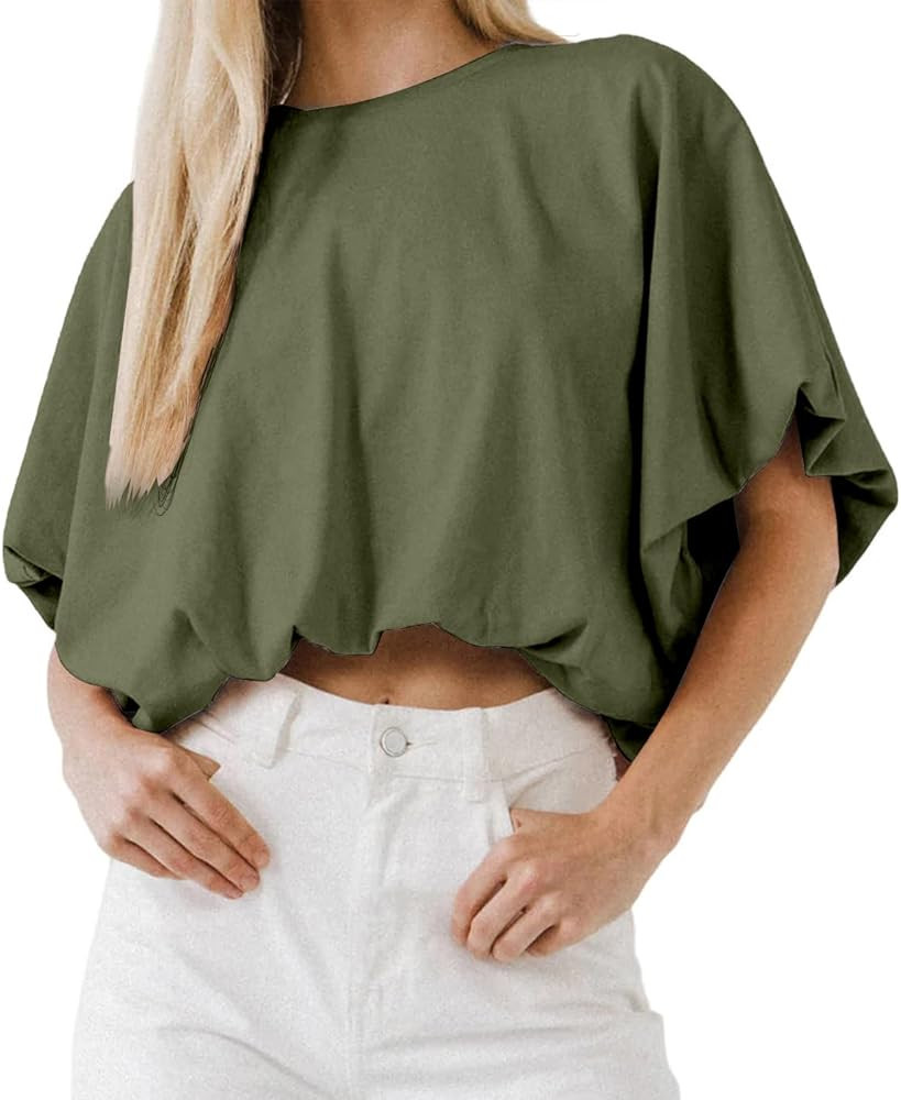 Womens Summer Crewneck Crop Tops Short Sleeve Casual Loose Cropped T Shirts | Amazon (US)