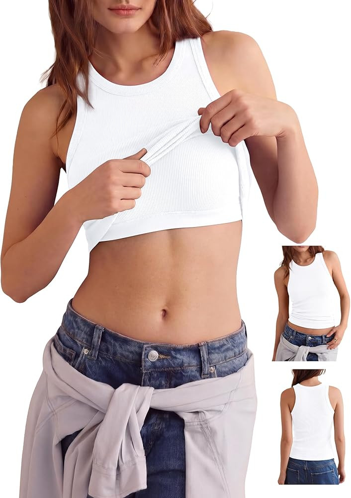 Women's Racerback Crew Neck Tank Tops with Built in Bra Ribbed Slim Fitted Camisole Basic Tee Sum... | Amazon (US)