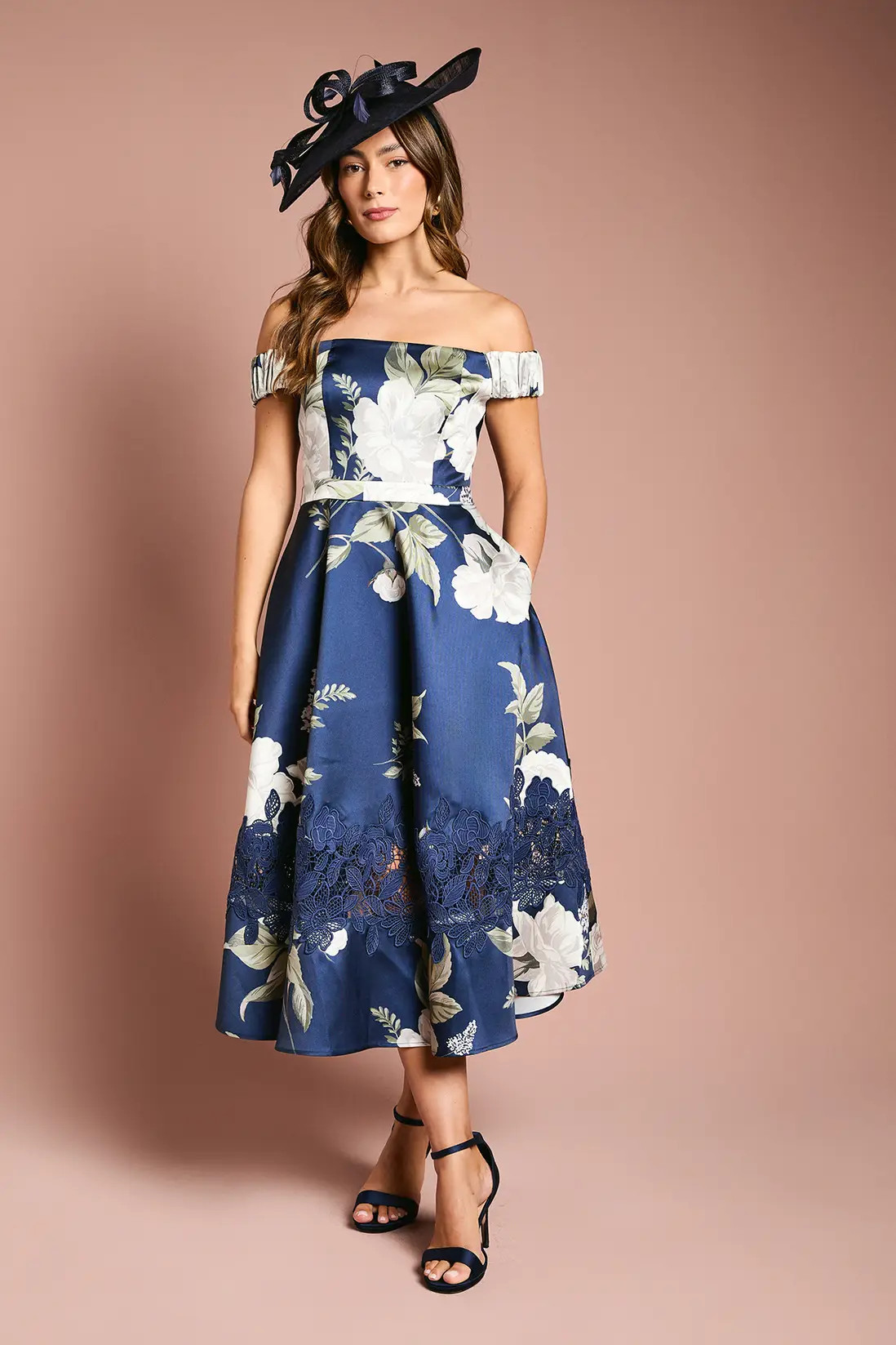 Dresses | Printed Bardot Twill Midi Dress With Lace Insert | Coast | Karen Millen US
