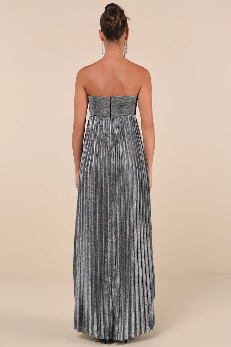 Glittering Luxury Silver Lurex Pleated Strapless Maxi Dress | Lulus