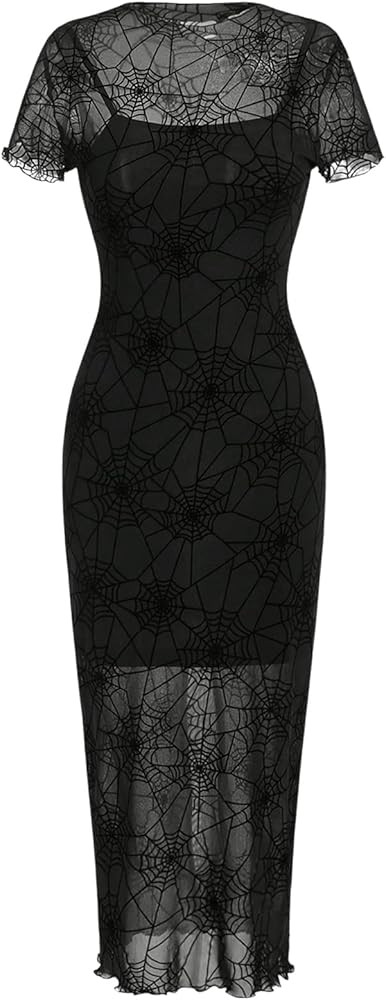 Verdusa Women's Mesh Spiderweb Lettuce Trim Short Sleeve Bodycon Midi Dress | Amazon (US)