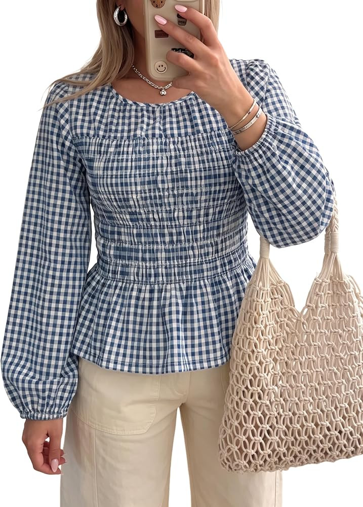 Watashi Women Gingham Smocked Peplum Top Long Sleeve Blouse | Amazon (US)