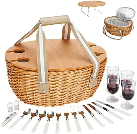 STBoo Wicker Picnic Basket for 4 with Large Insulated Cooler Bag and Folding Table, Cutlery Servi... | Amazon (US)