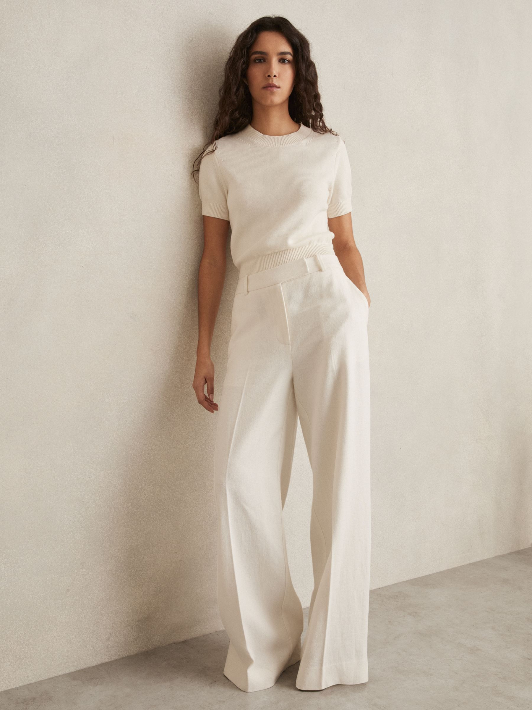 Petite Linen-Blend Wide-Leg Trousers in White | Reiss UK