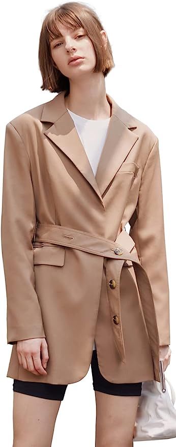 Women's Long Sleeve Blazer Jacket Button Belt Front Blazer Dress Sexy Elegant Solid Blazer Coat f... | Amazon (US)