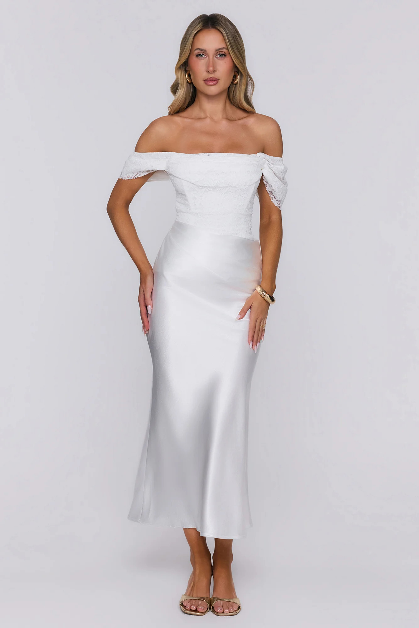 Love Looks Good Lace Satin Off Shoulder Maxi Dress White | Hello Molly (US)