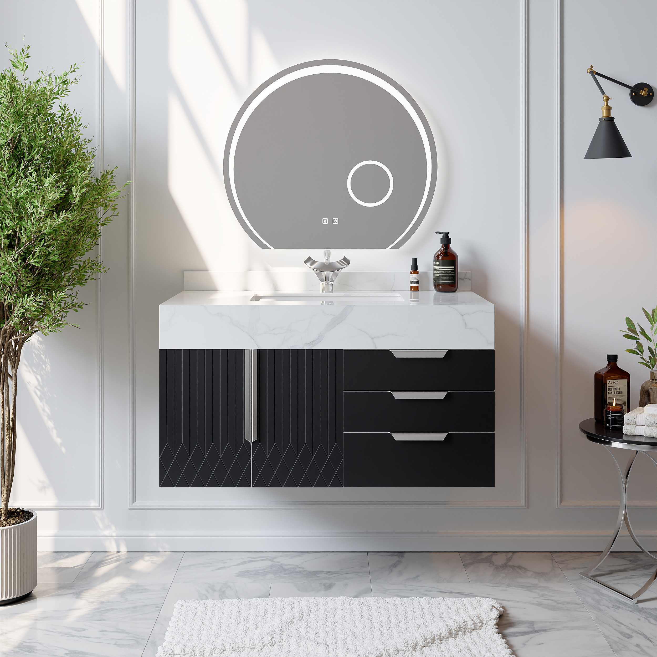 35.4"" Bathroom Vanity Wall Mounted Cultured Marble Top with Single Sink & Drawers Black | Homary