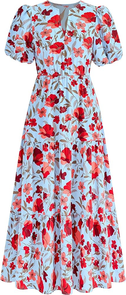 dowerme Womens Summer Dresses 2026 Casual Puff Short Sleeve V Neck Floral Boho Tiered Ruffle Maxi... | Amazon (US)