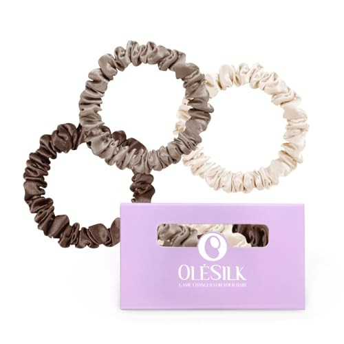 OLESILK Silk Hair Tie - 100% Mulberry Silk Scrunchies, Soft and Gentle Hair Accessories, Skinny for Women with Thin Fine Hair, 3 Count, Brown | Amazon (US)