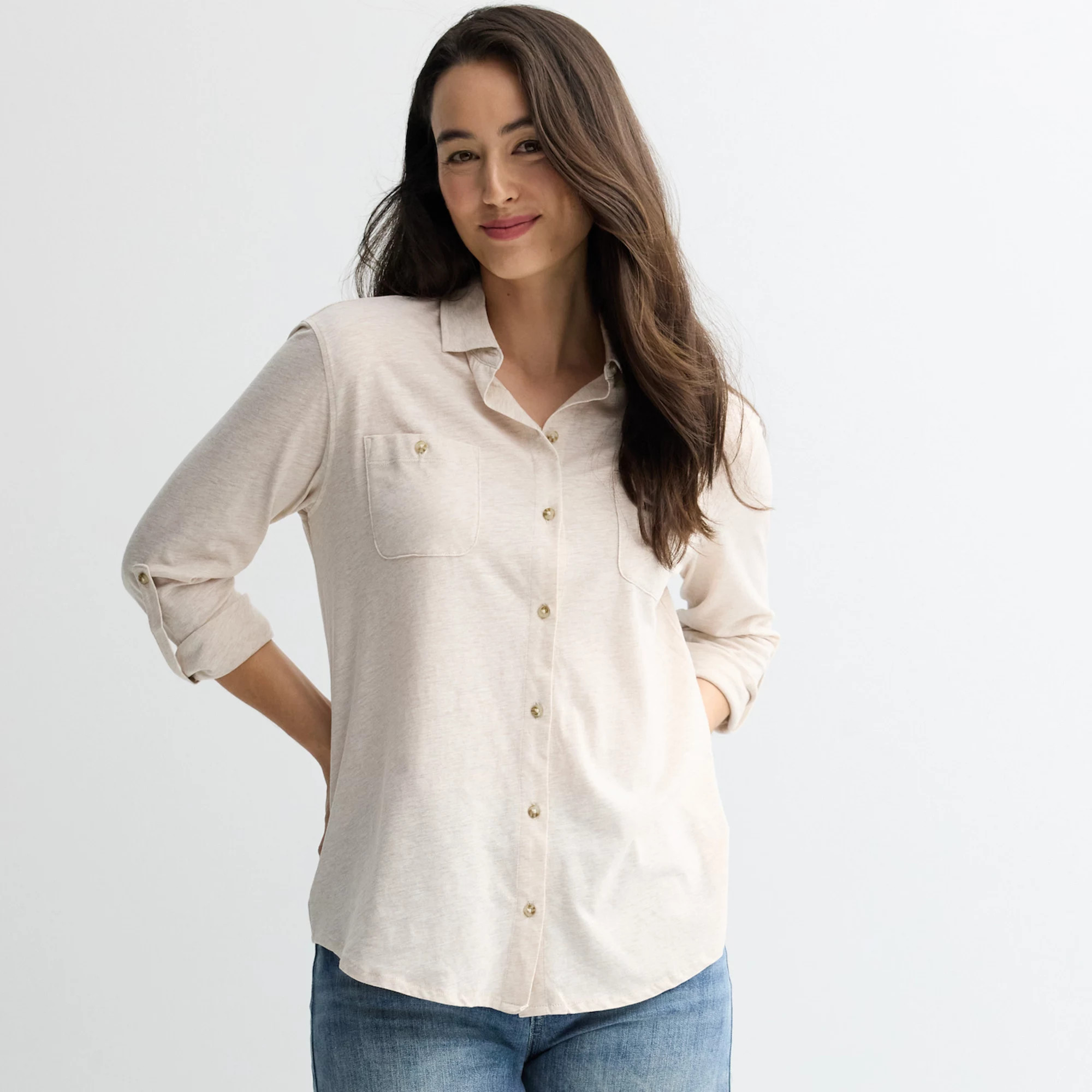 Petite Sonoma Goods For Life® Collared 3/4 Sleeve Button Down Shirt | Kohl's