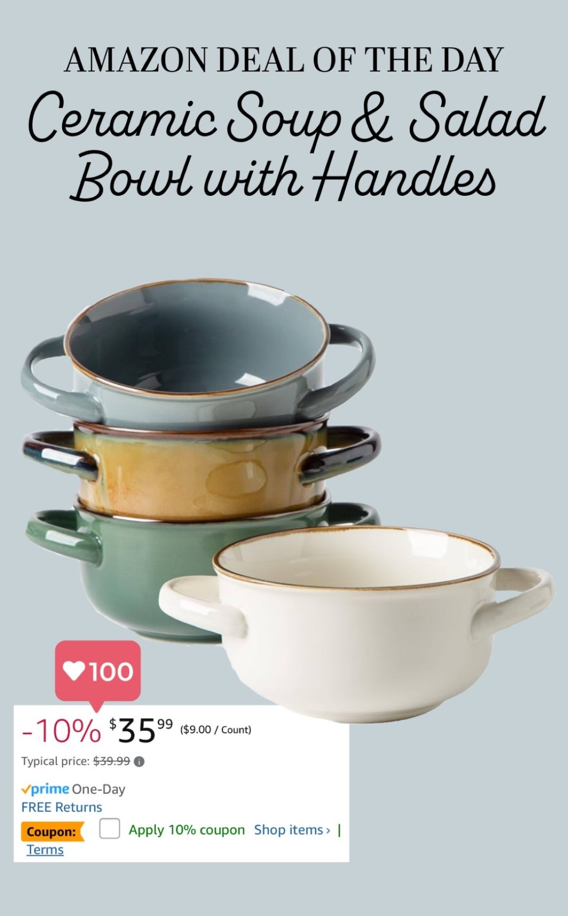 🚨 Amazon Deal of the Day: Ceramic Soup & Salad Bowl with Handles!!!! 🚨

These are so cute! *Adds to cart!! :)

#LTKFindsUnder50 #LTKHome #LTKSaleAlert
