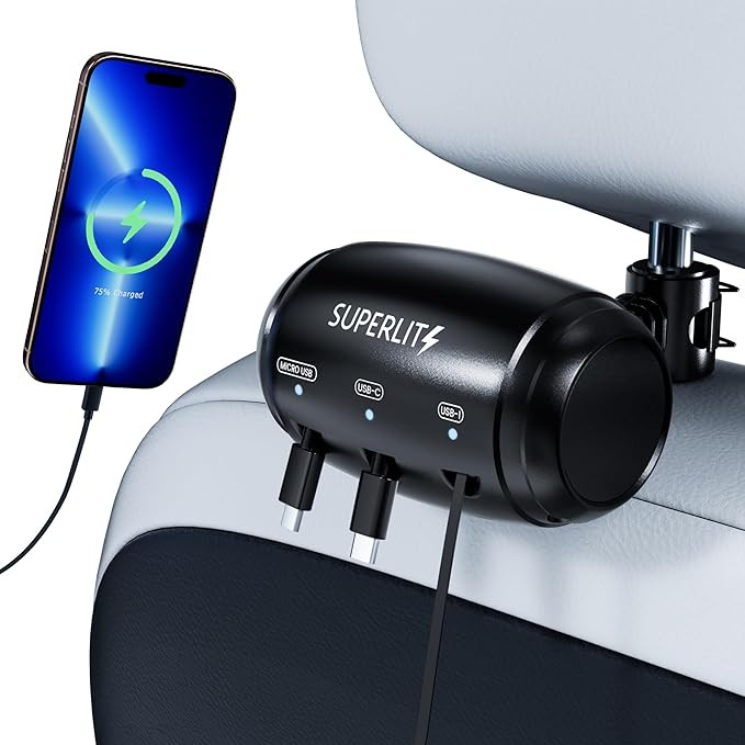 Superlit 3-in-1 Retractable Backseat Car Charger – Headrest Mount Charging Station for Uber, Ly... | Amazon (US)