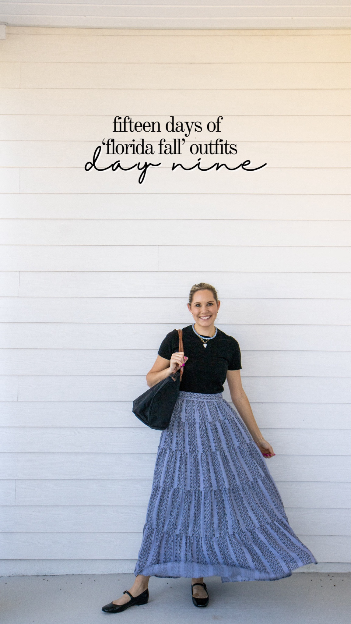 Fifteen days of ‘Florida Fall’ outfits - day nine. Who said fall has to be black & white?! This lilac skirt from @shopmodafleur pairs perfectly with my tried & true @tuckernuck black cashmere tee & @larroude black ballet flats! 

#LTKStyleTip #LTKSeasonal #LTKItBag