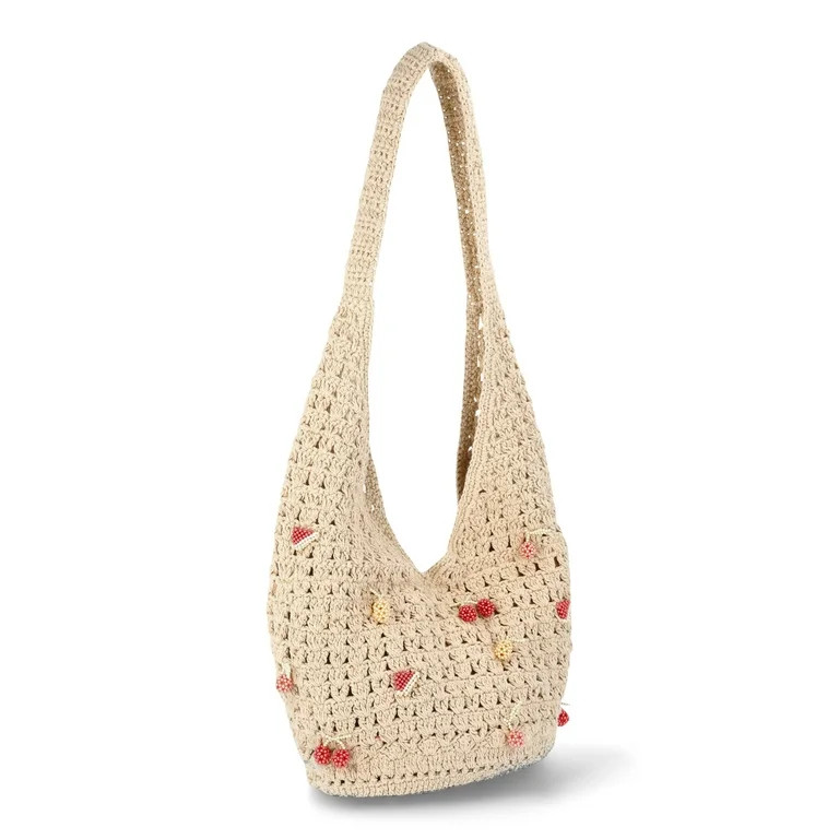 No Boundaries Festival Crochet Hobo Bag, Natural Beaded Fruit, Women's | Walmart (US)