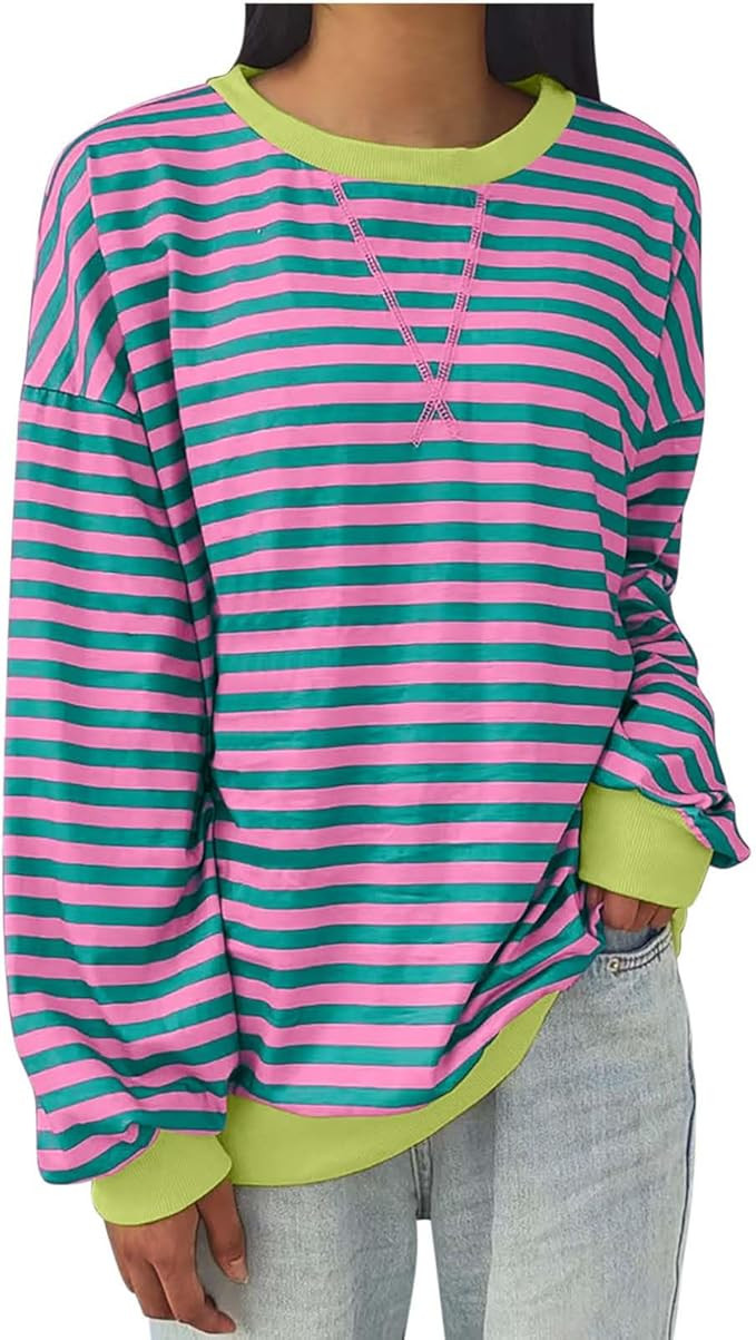Oversized Tshirts for Women Long Sleeve Crewneck Striped Tops Casual Loose Tunic Top Fashion Dres... | Amazon (US)